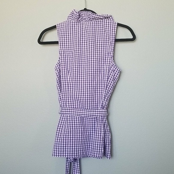 Milly of New York Preppy Retro purple white plaid sleeveless ruffle wrap top 6 - Picture 7 of 7